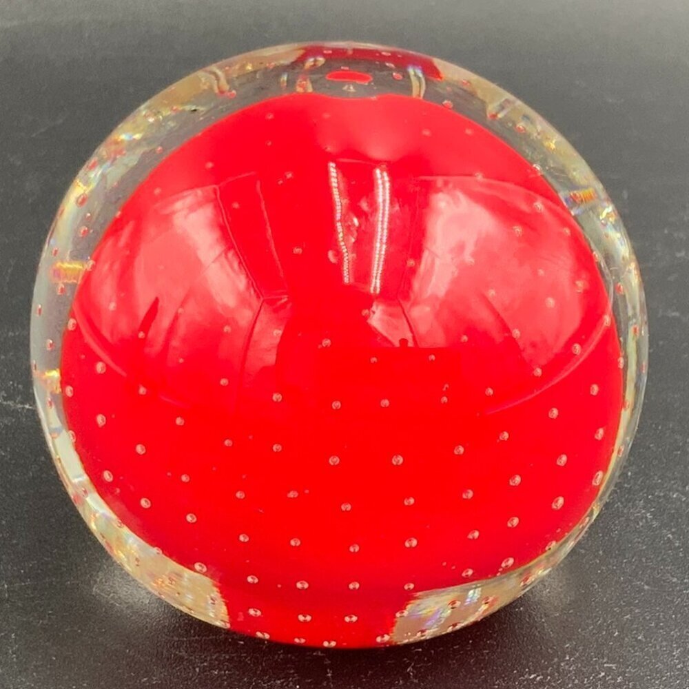 Vintage Paperweight Glass Art NORLEANS Japan Red Center with Controlled Bubbles